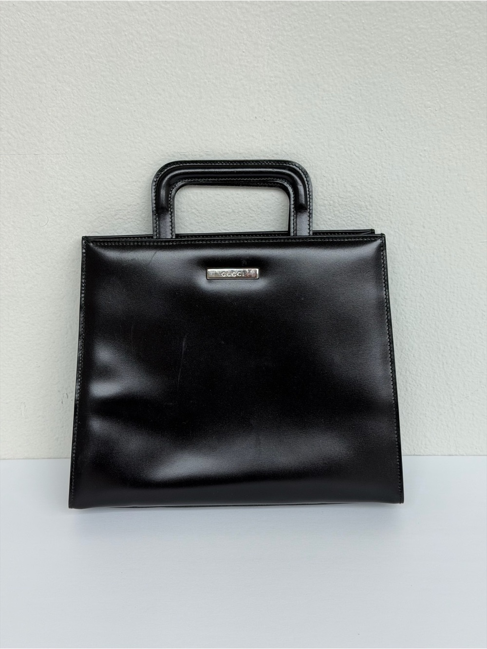 Vintage Gucci Black Leather Structured Top Handle Tote Bag